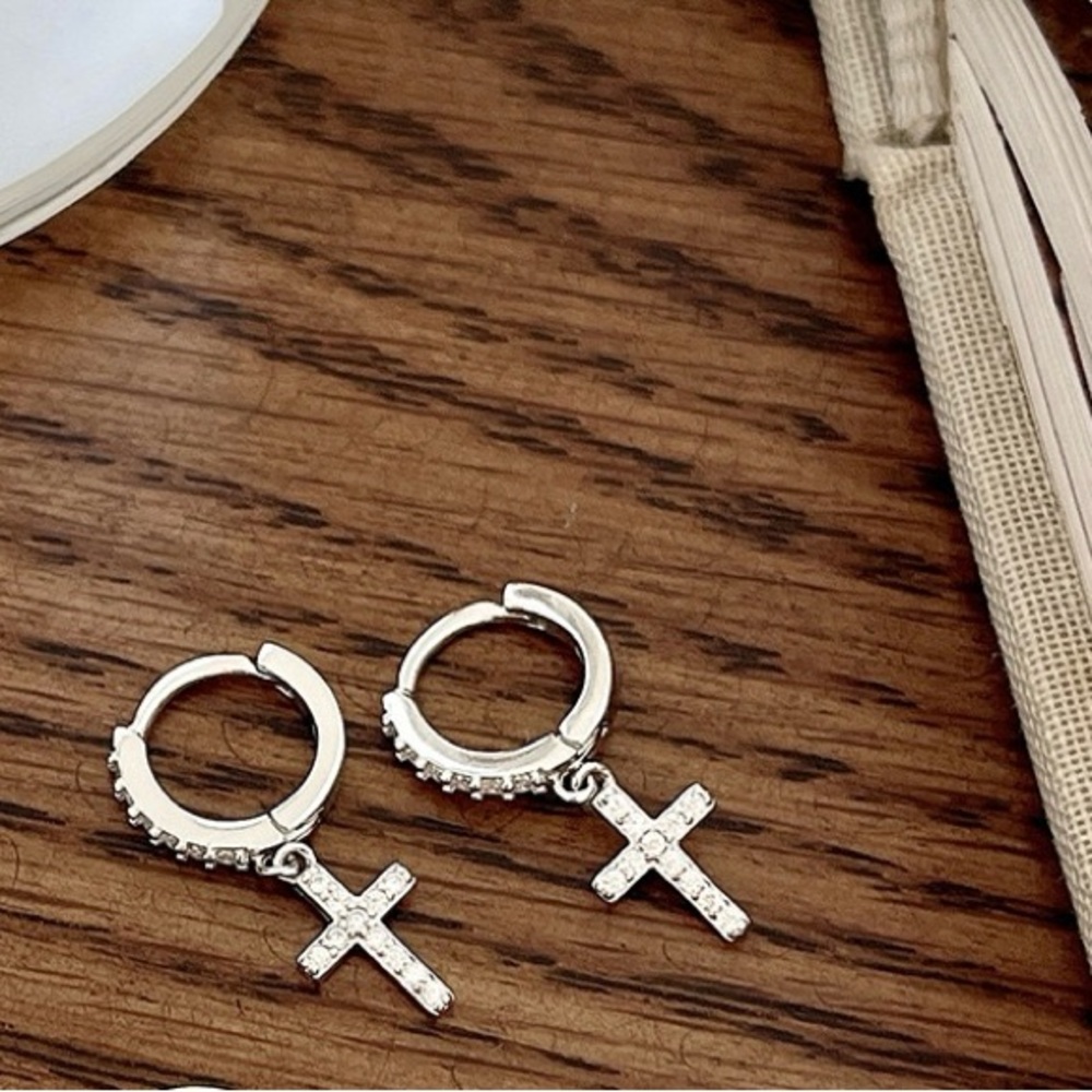 Silver Cross Hoop Earrings